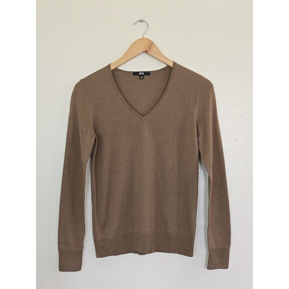 Uniqlo Wool V Neck Sweater Womens Size Small Brown Pullover Lightweight - Picture 1 of 11
